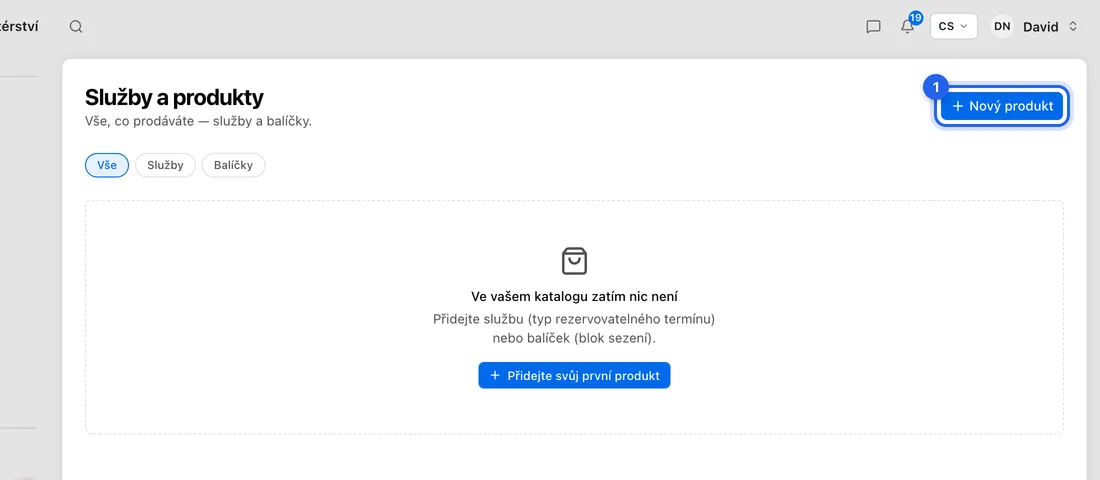 V levém postranním panelu klikněte na Služby a produkty a pak vpravo nahoře na Nový produkt.