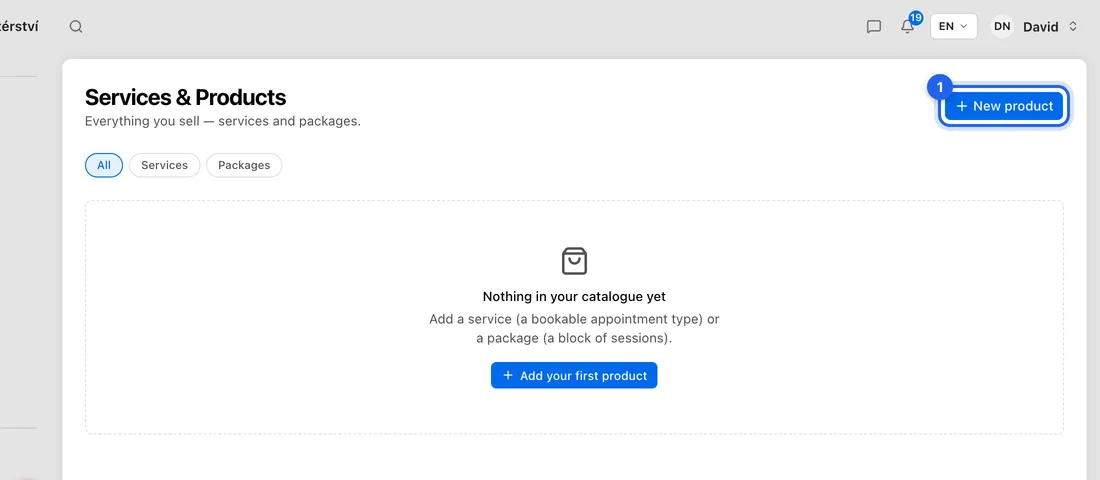 Click Services & Products in the left sidebar, then New product (top right).