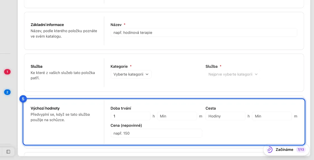 V části Výchozí hodnoty nastavte Dobu trvání (hodiny a minuty), Cestu, pokud si účtujete dopravu, a Cenu (nepovinné).