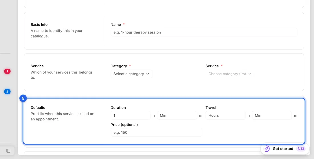 Under Defaults, set Duration (hours and minutes), Travel if you charge for travel, and Price (optional).