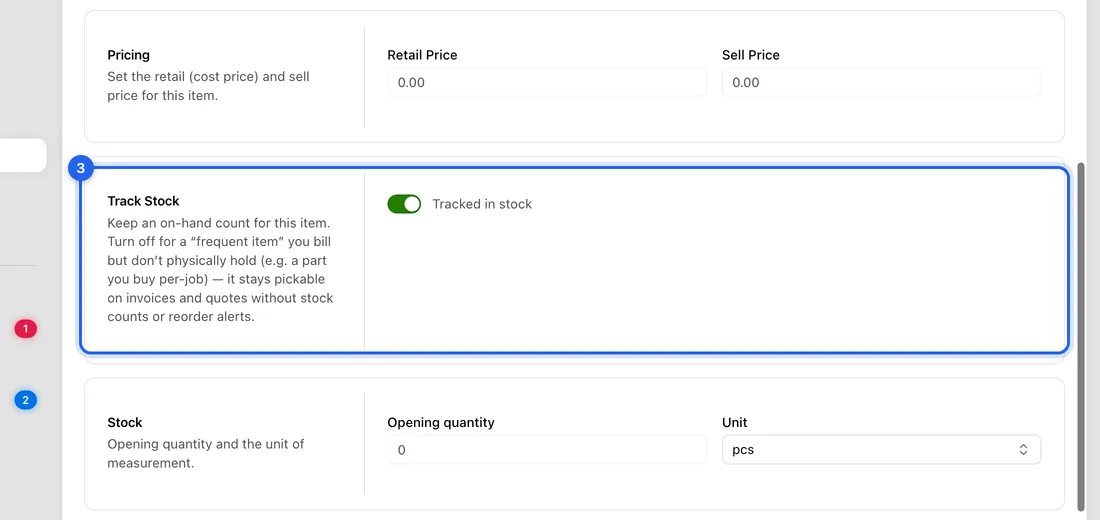 Leave Track Stock on. It says “Tracked in stock”.