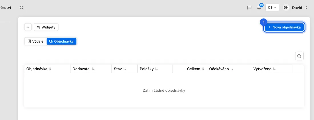 Otevřete Výdaje a klikněte na Nová objednávka.