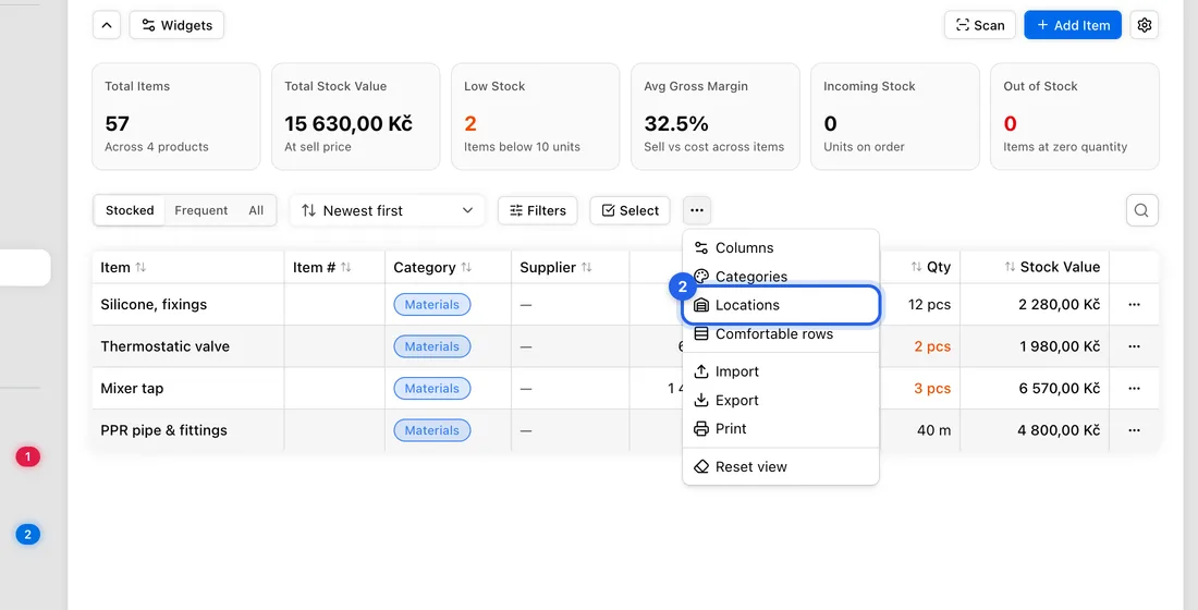 Click ⋯ at the top right and choose Locations. The Stock Locations page opens.