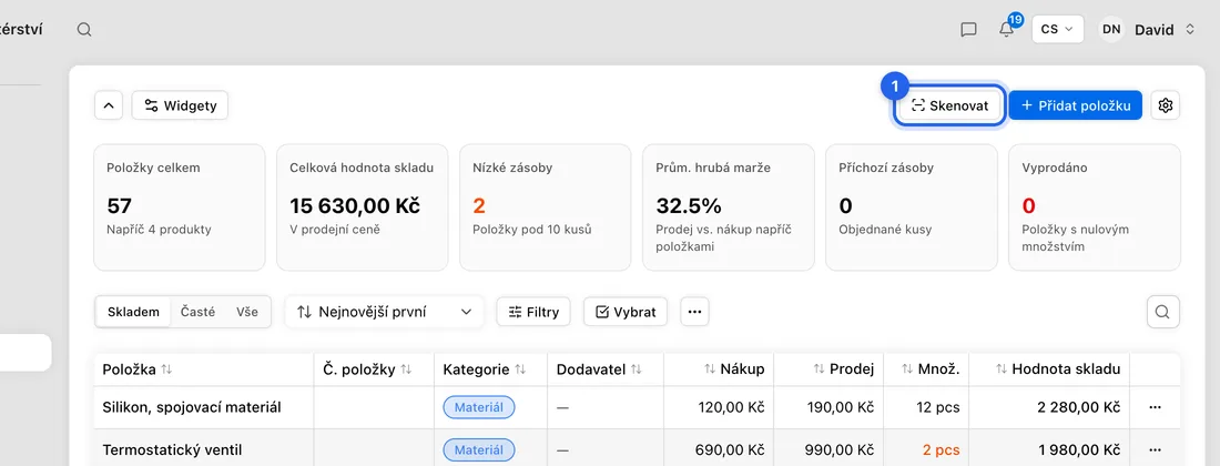Na stránce Sklad klikněte na Skenovat.