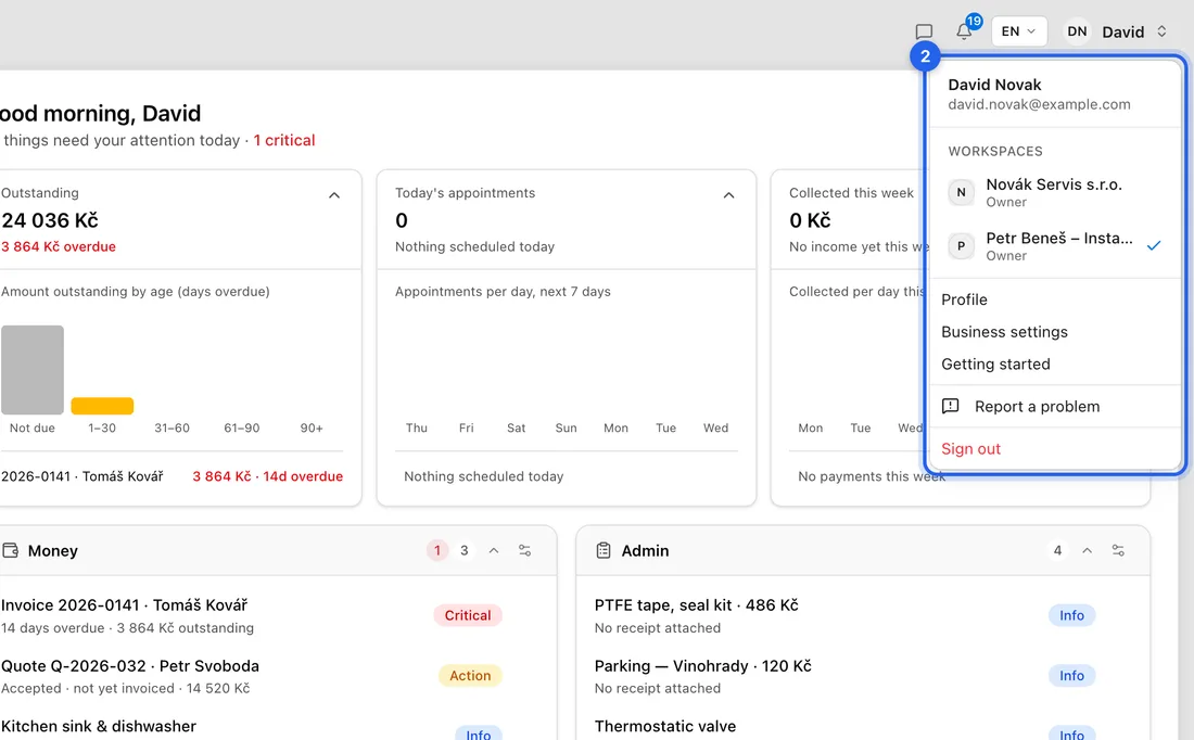 Under Workspaces, click the business you want. Under each name you see your role there: Owner, Admin, Member, Bookkeeper or Viewer. A tick marks the one you're in now.