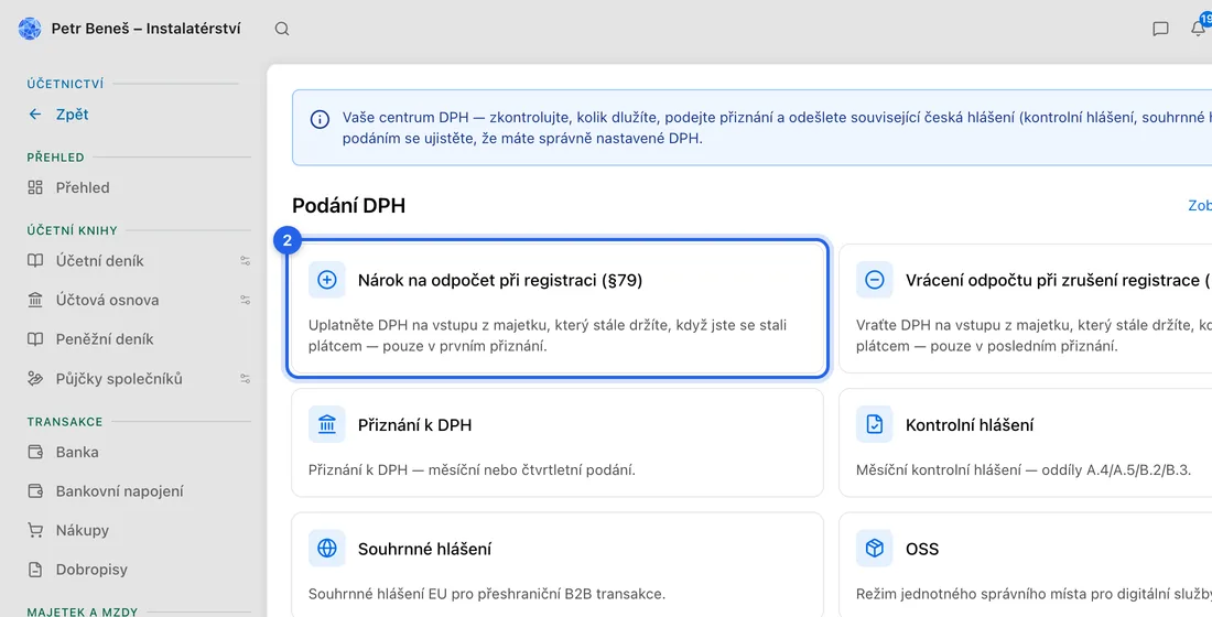 Klikněte na kartu Nárok na odpočet při registraci (§79).