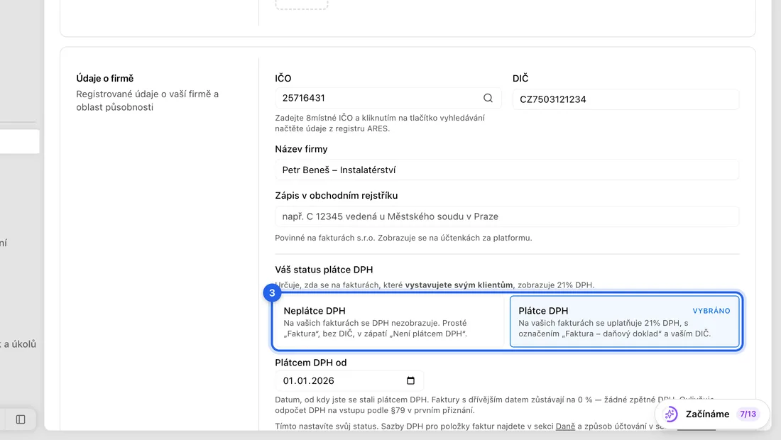 V části Váš status plátce DPH klikněte na Neplátce DPH, nebo Plátce DPH. U zvoleného stojí Vybráno.