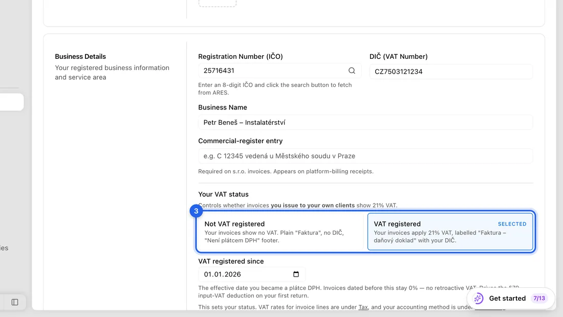 Under Your VAT status, click Not VAT registered or VAT registered. The one you chose shows Selected.